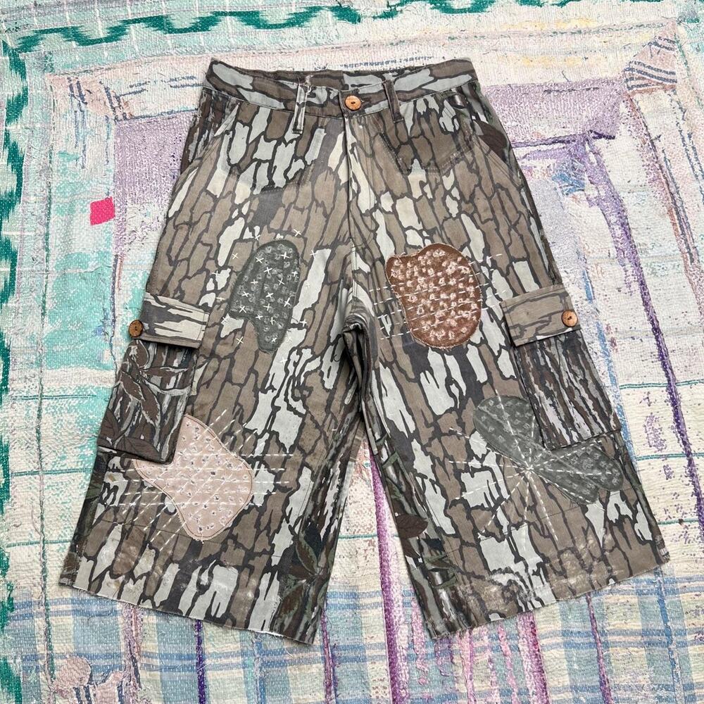Custom Upcycled baggy camo cargo shorts with hand stitched sashiko 30x17